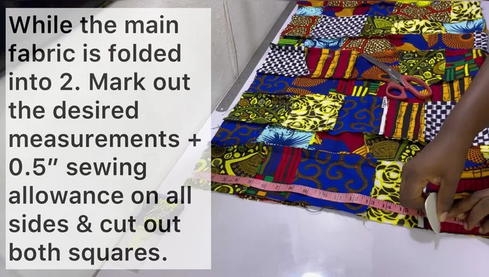 Cut out the main fabric for the pillow cover. Fold fabric in half. Mark desired dimensions (e.g., 17x17 inches for a 16x16 inch pillow, adding 0.5-inch seam allowance to all sides).