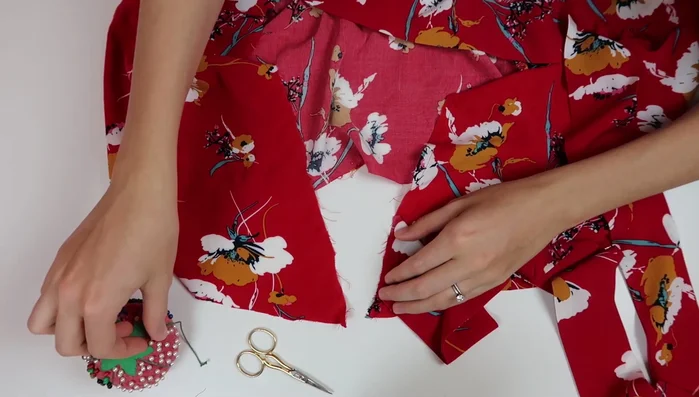 Attach the waist ties to the bodice, ensuring they are horizontal when turned.