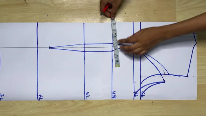 Taking round measurements: Divide bust, under bust, waist, and hip circumferences by four. Add seam allowance (1.5 inches) and account for the 1 inch taken in for the DT (for waist and under bust). Add 10 inches to the hip measurement for an oversized fit.