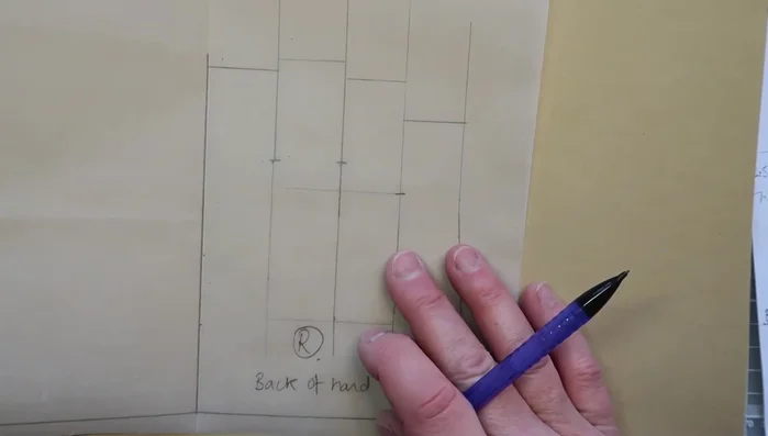 Fold the pattern to ensure symmetry and draw the back of the hand.