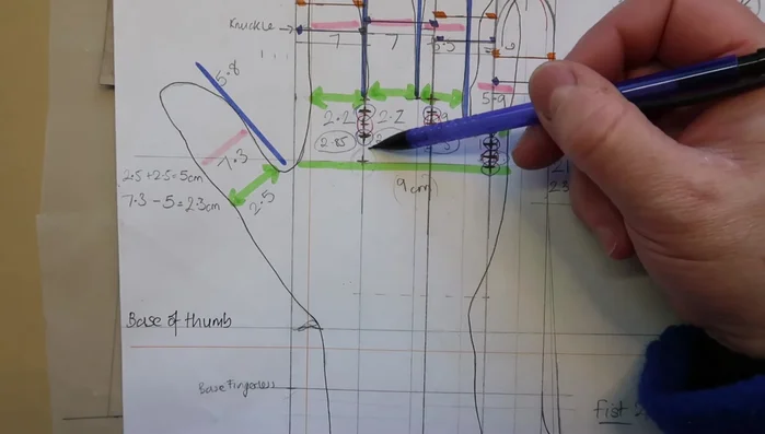 Create the thumb piece by drawing a horizontal line across the pattern from point B at right angles.
