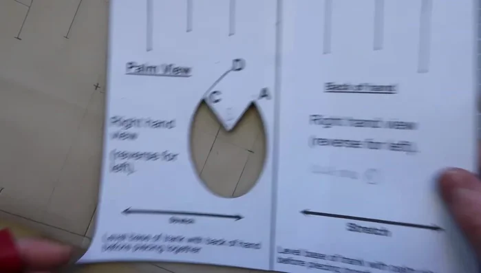 Create the thumb piece by drawing a horizontal line across the pattern from point B at right angles.