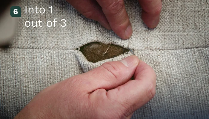 Continue across the seam, into hole 4 and out to create hole 6.