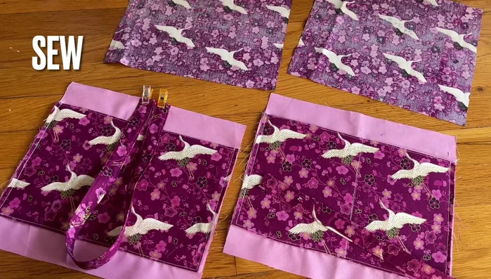 Fold the handles in half and place them at the top center of the bag, sew in place.