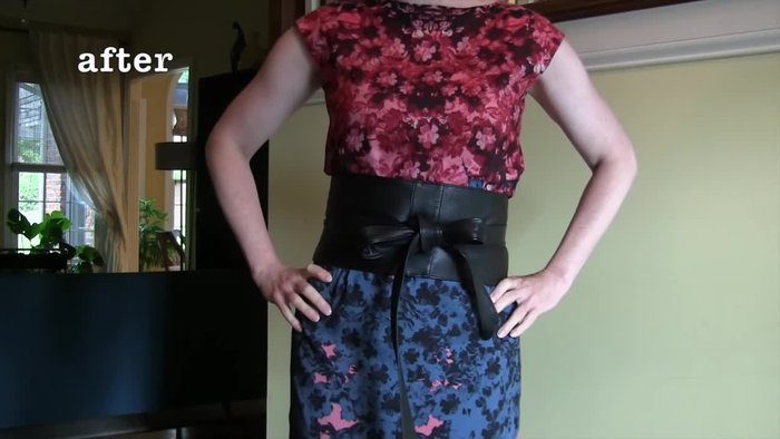 Prepare the leather: Cut the leather strips (3 1/2 inches wide) from a recycled leather coat. You'll need two strips for each side of the belt.